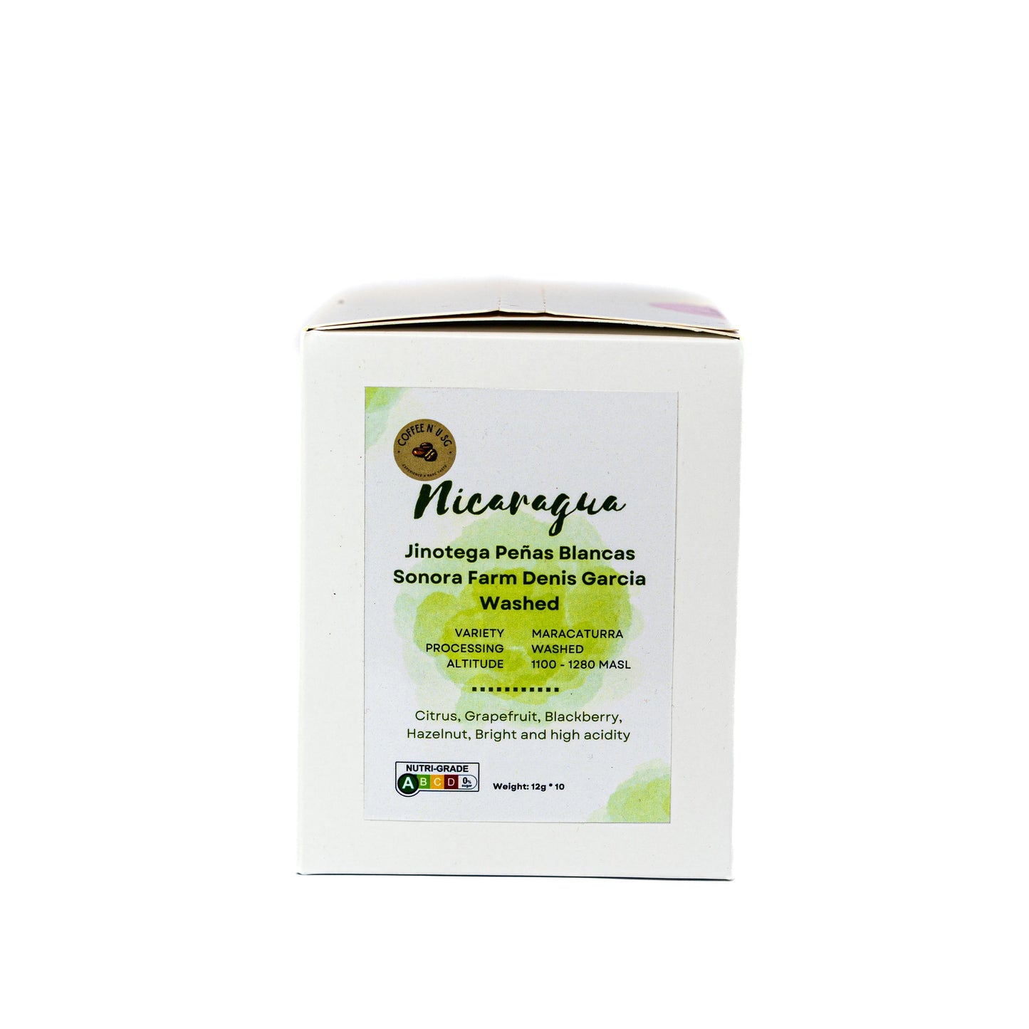 Coffee packaging with 'Nicaragua' branding on a white background