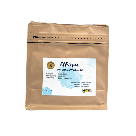 Brown coffee packaging with a label on a white background