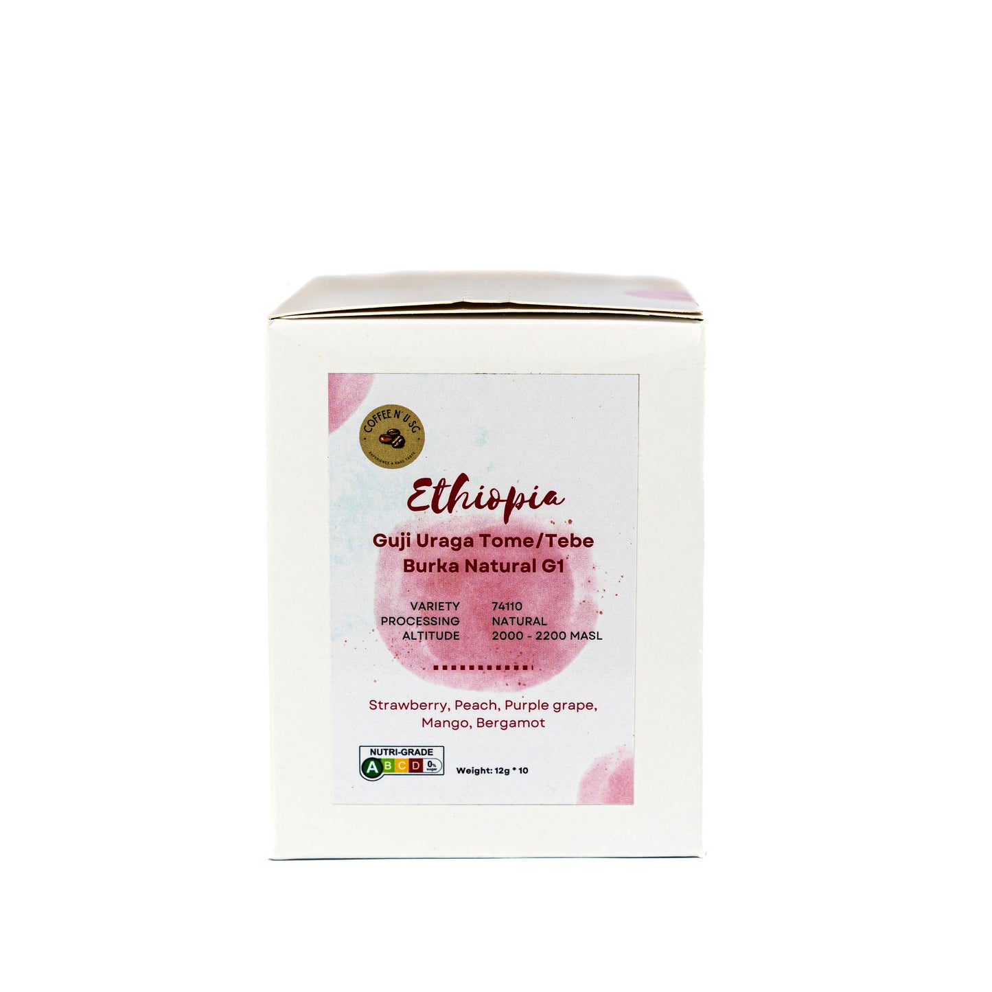 White coffee packaging with Ethiopia branding on a white background
