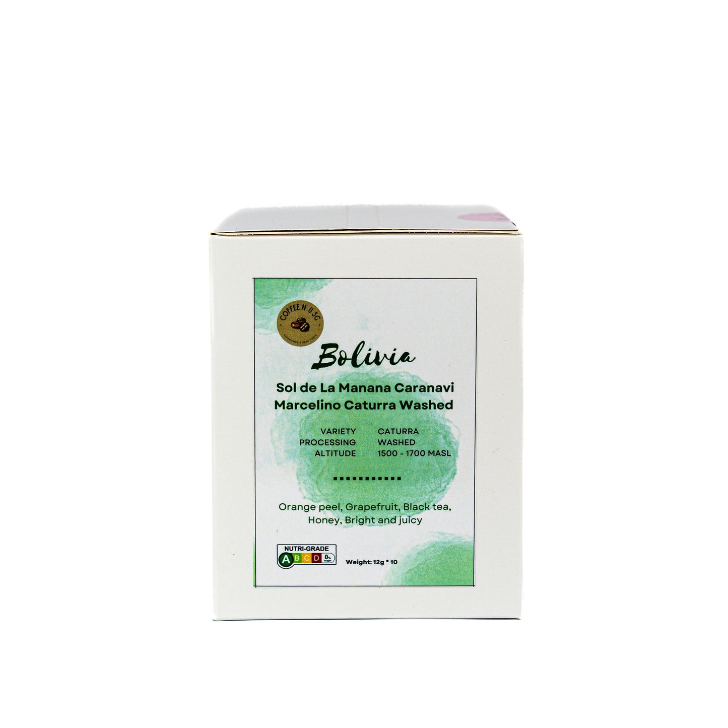 White coffee packaging with green label "Bolivia Catarrura Washed" on a white background