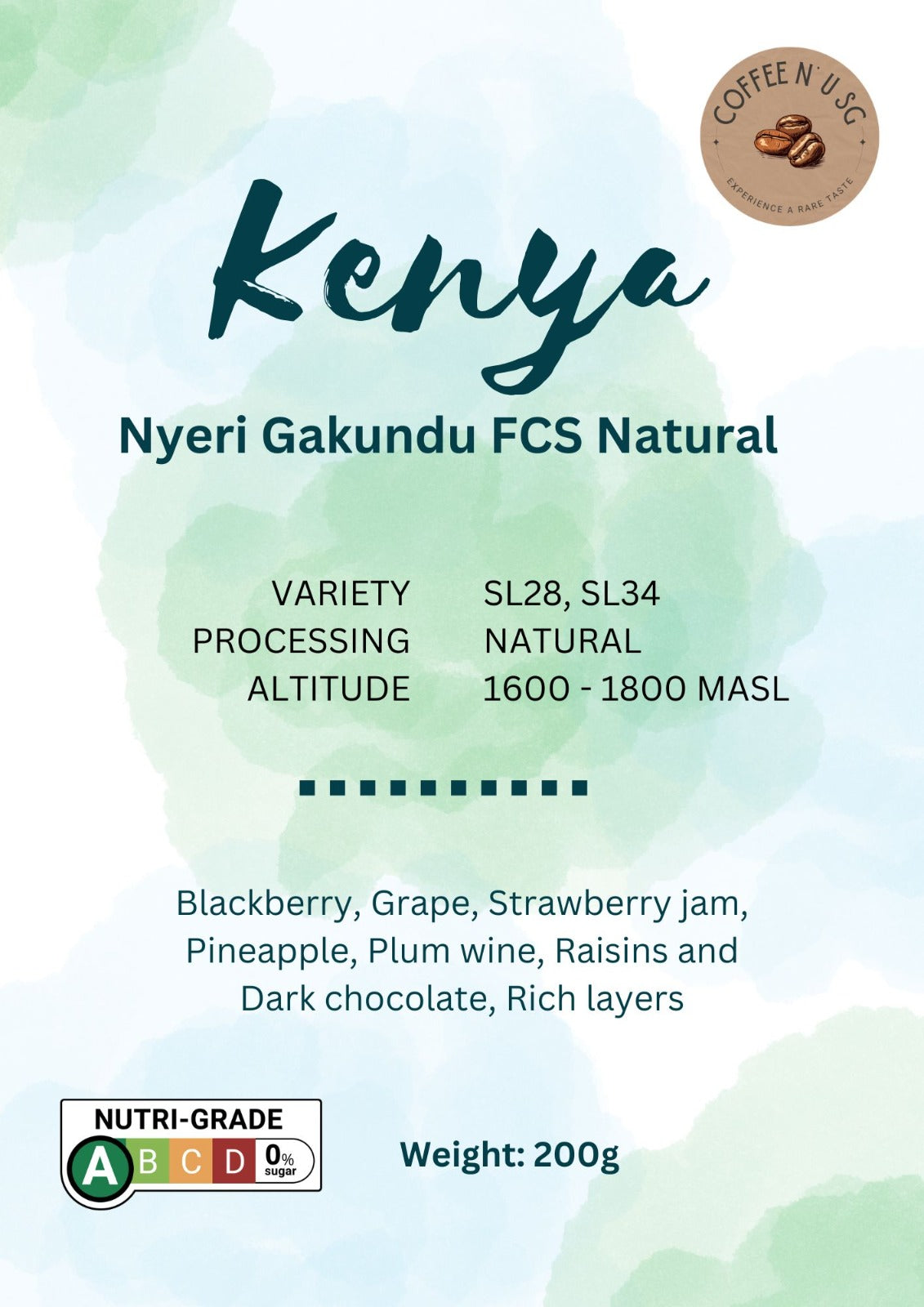 Kenya Nyeri Gakundu FCS Natural coffee packaging with product details on a light green background.