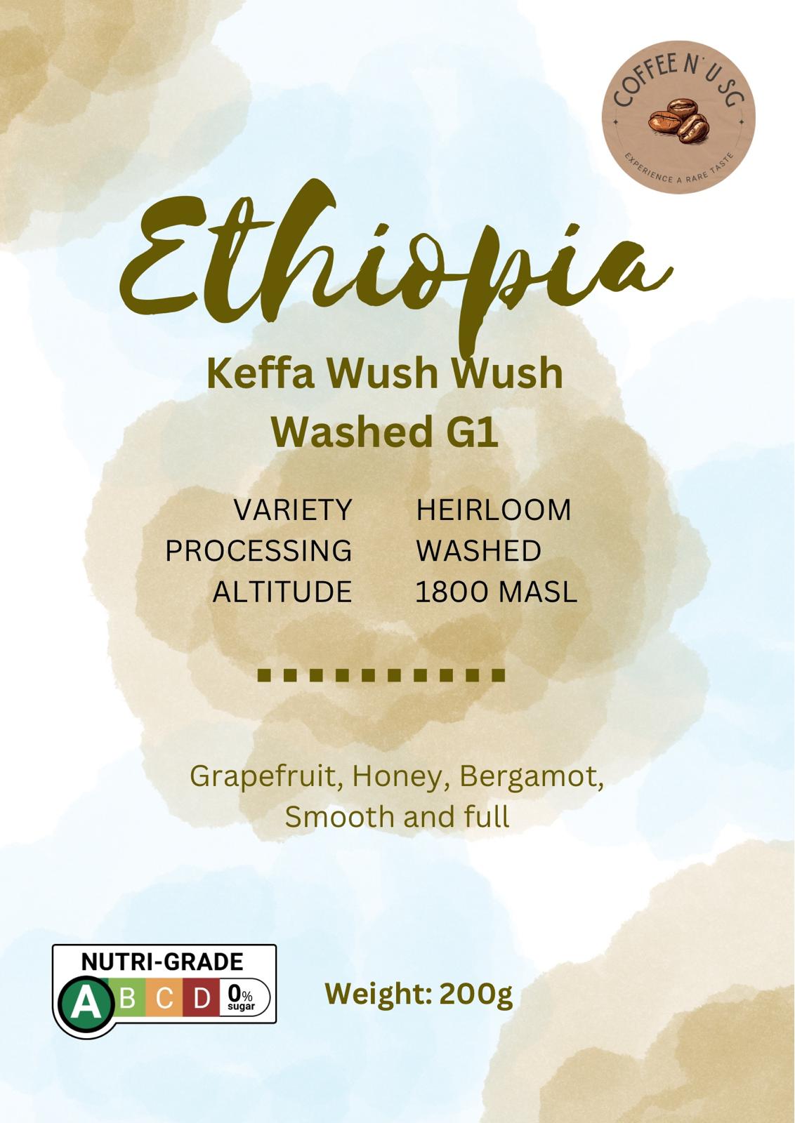 Ethiopia Keffa Wush Wush Washed Coffee Beans with taste notes of grapefruit, honey, beragamot