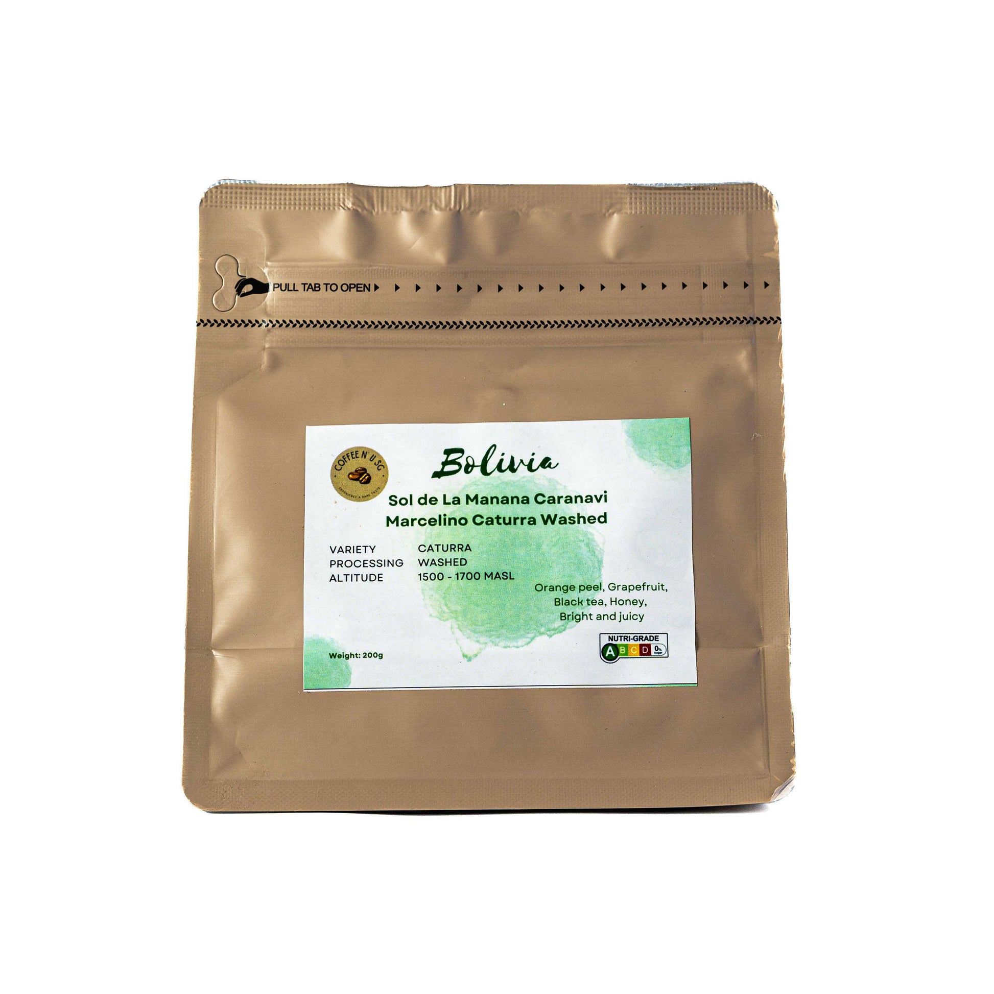 Brown coffee packaging with a label "Bolivia Caturra Washed" on a white background