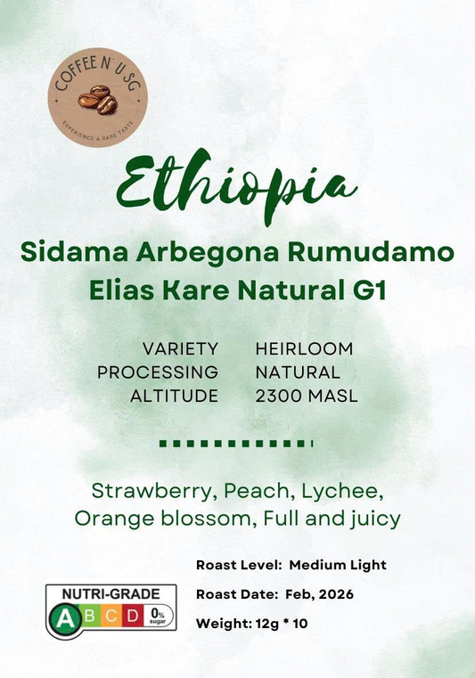 Ethiopia Sidama Arbegona Rumudamo Elias Kare Natural G1 Drip Bags