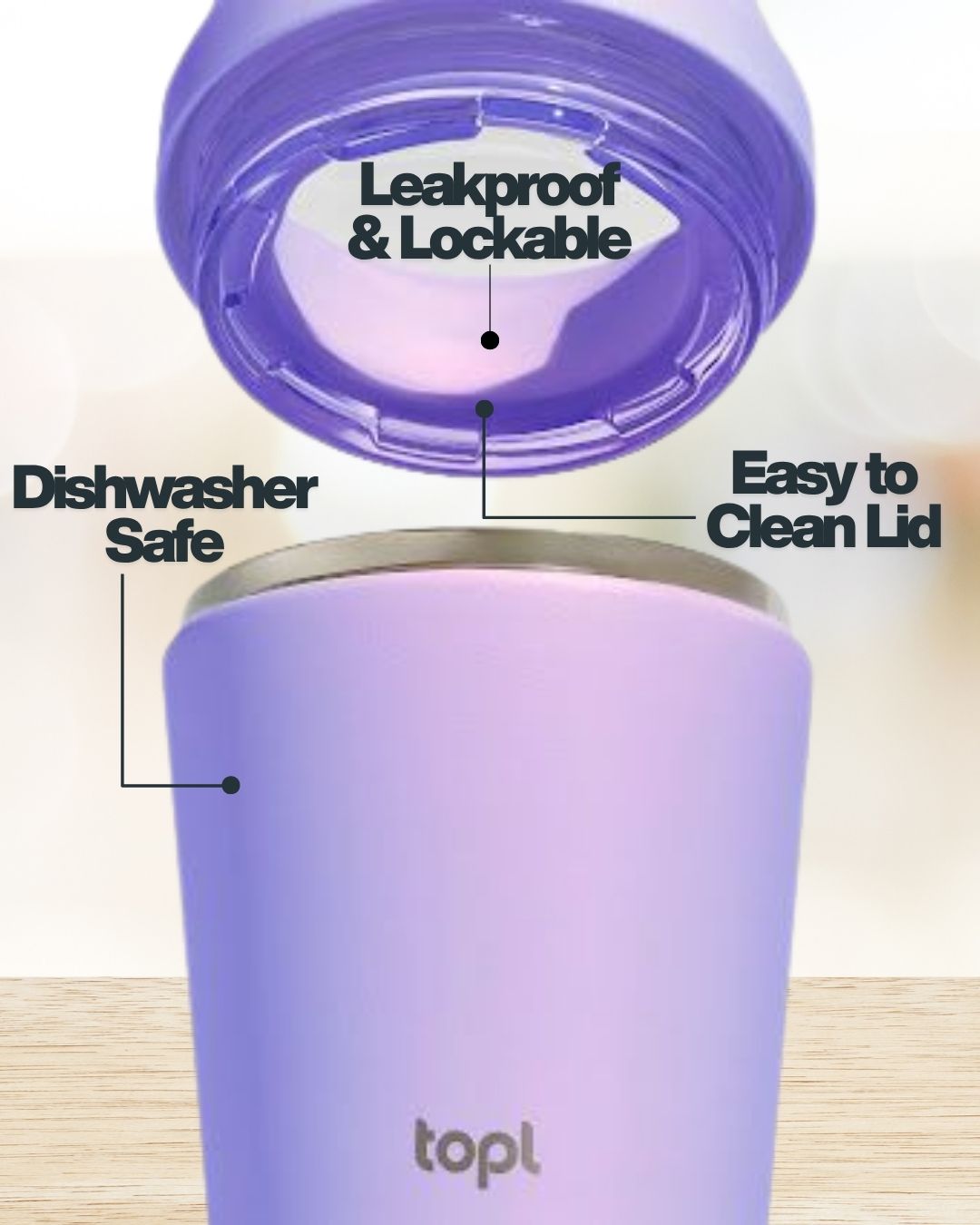 Purple tumbler with a leakproof lid on a light background