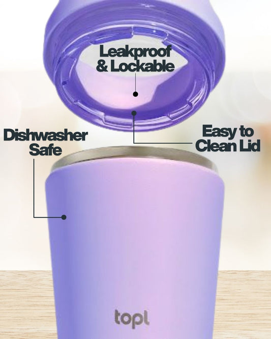 Purple tumbler with a leakproof lid on a light background