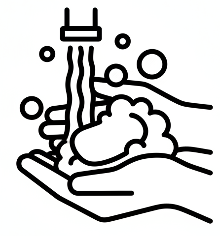 black and white icon of handwashing without a circle