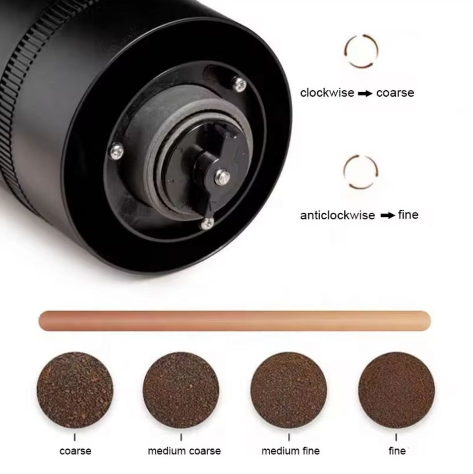 Coffee grinder with adjustable settings and ground coffee samples on a white background