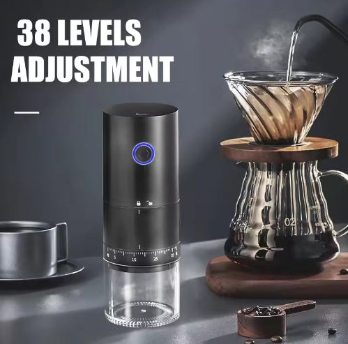 Black electronic device with 38 levels adjustment on a gray background, next to a coffee brewing setup.