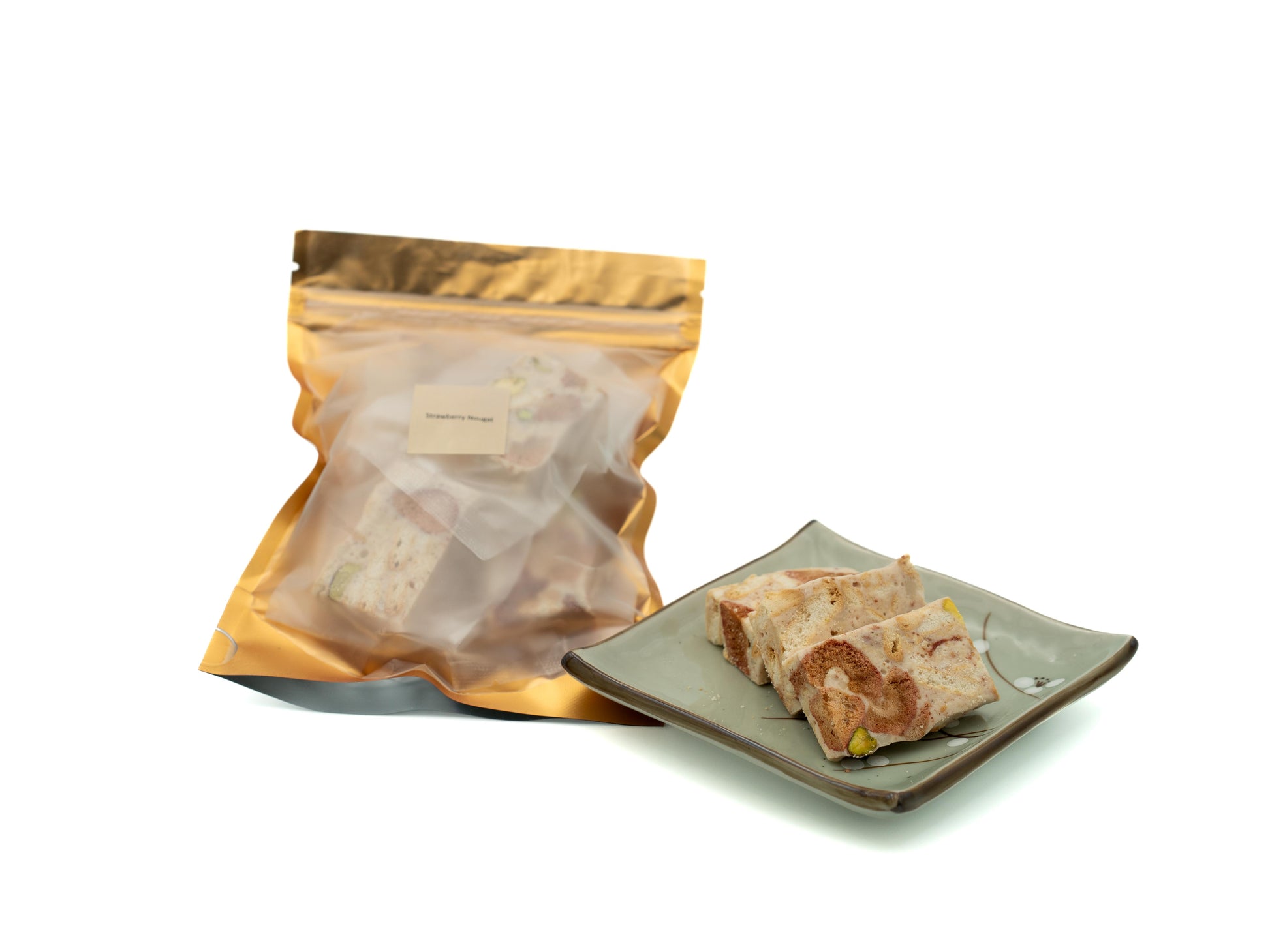 Packaged food product on a white background, nougat sweets